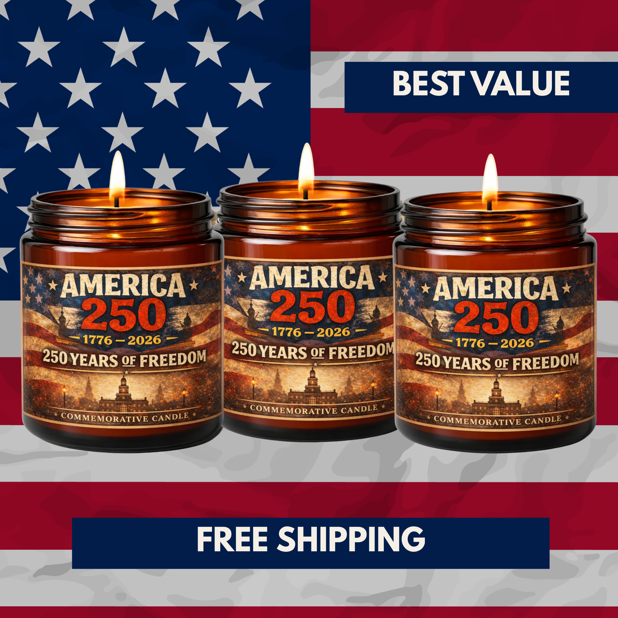 America 250 Commemorative Candle | Limited Edition 1776-2026 | 3 Candle Bundle